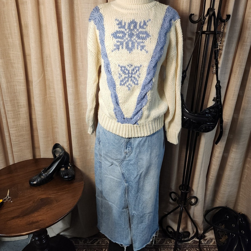 Zara Denim Maxi Skirt Size Large Blue Crossover Waist Asymmetrical Slit Raw Hem
